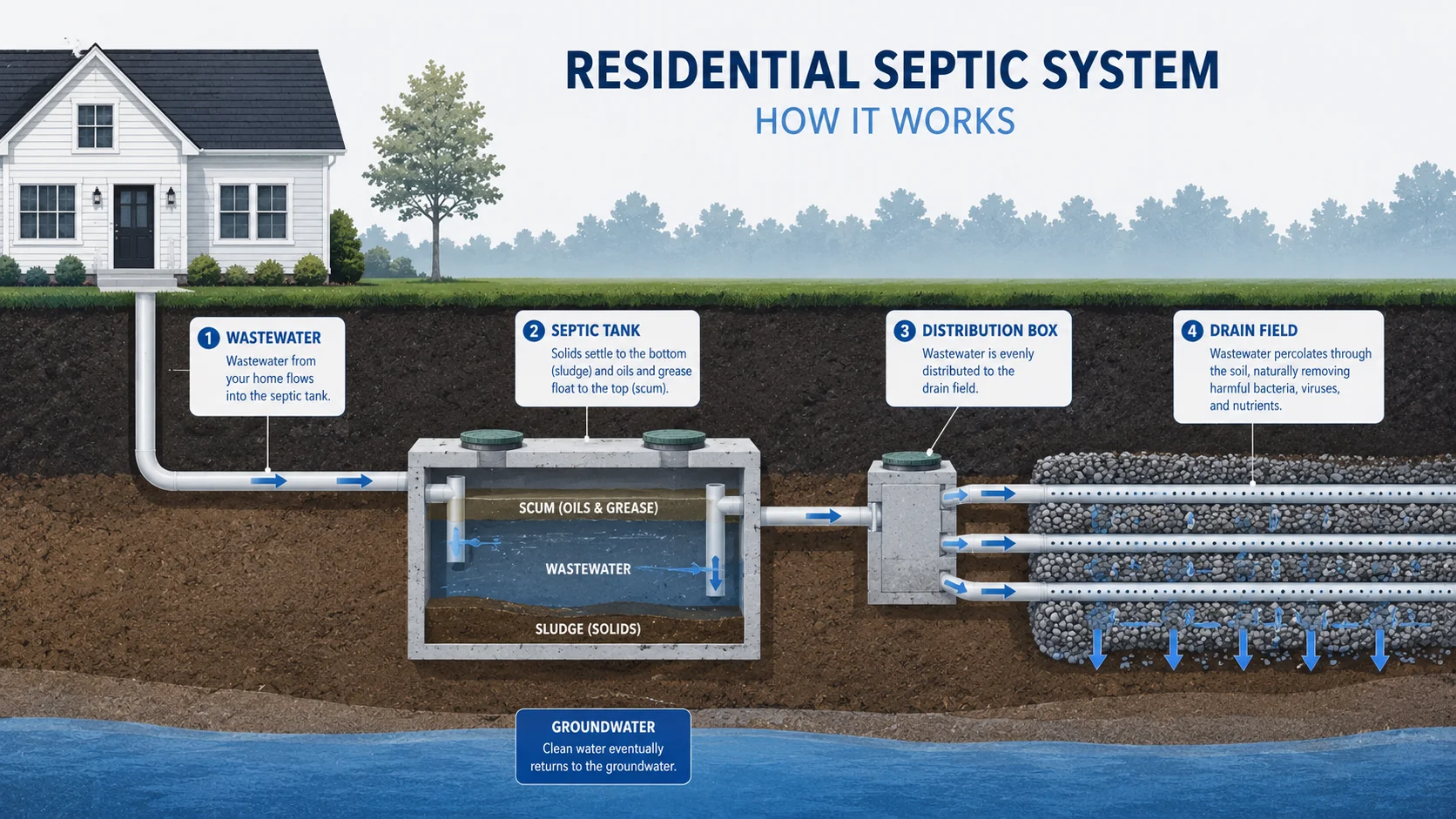 Diagram showing how a residential septic system works, including tank, distribution box, and drain field