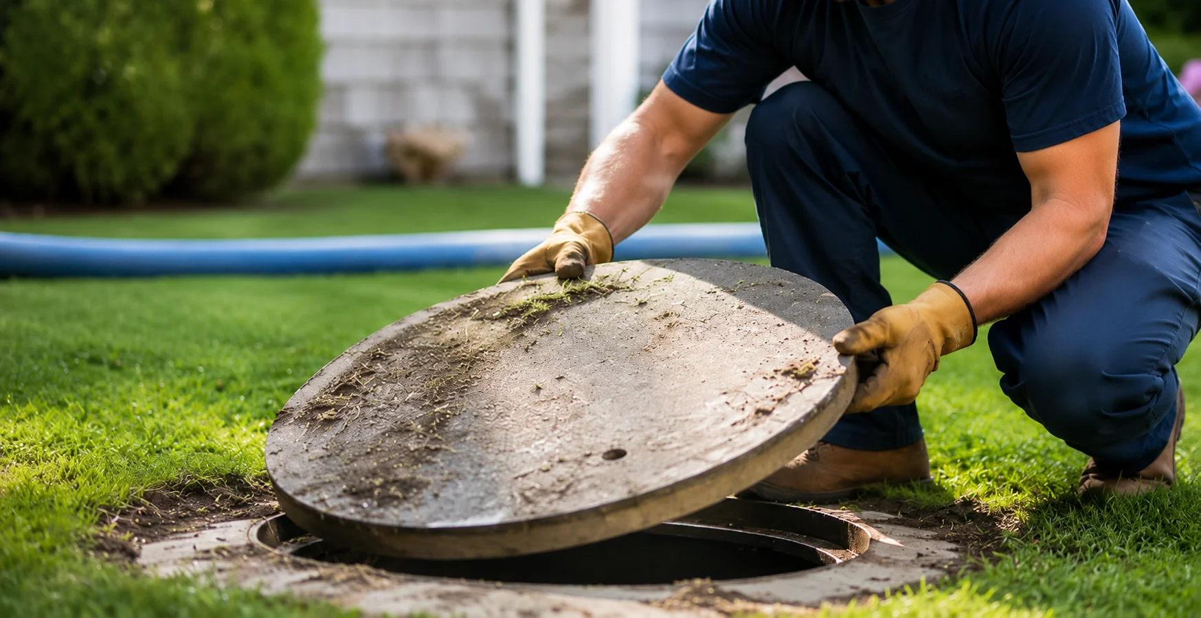 Septic technician removing a concrete tank lid to begin a pump-out service at a residential property